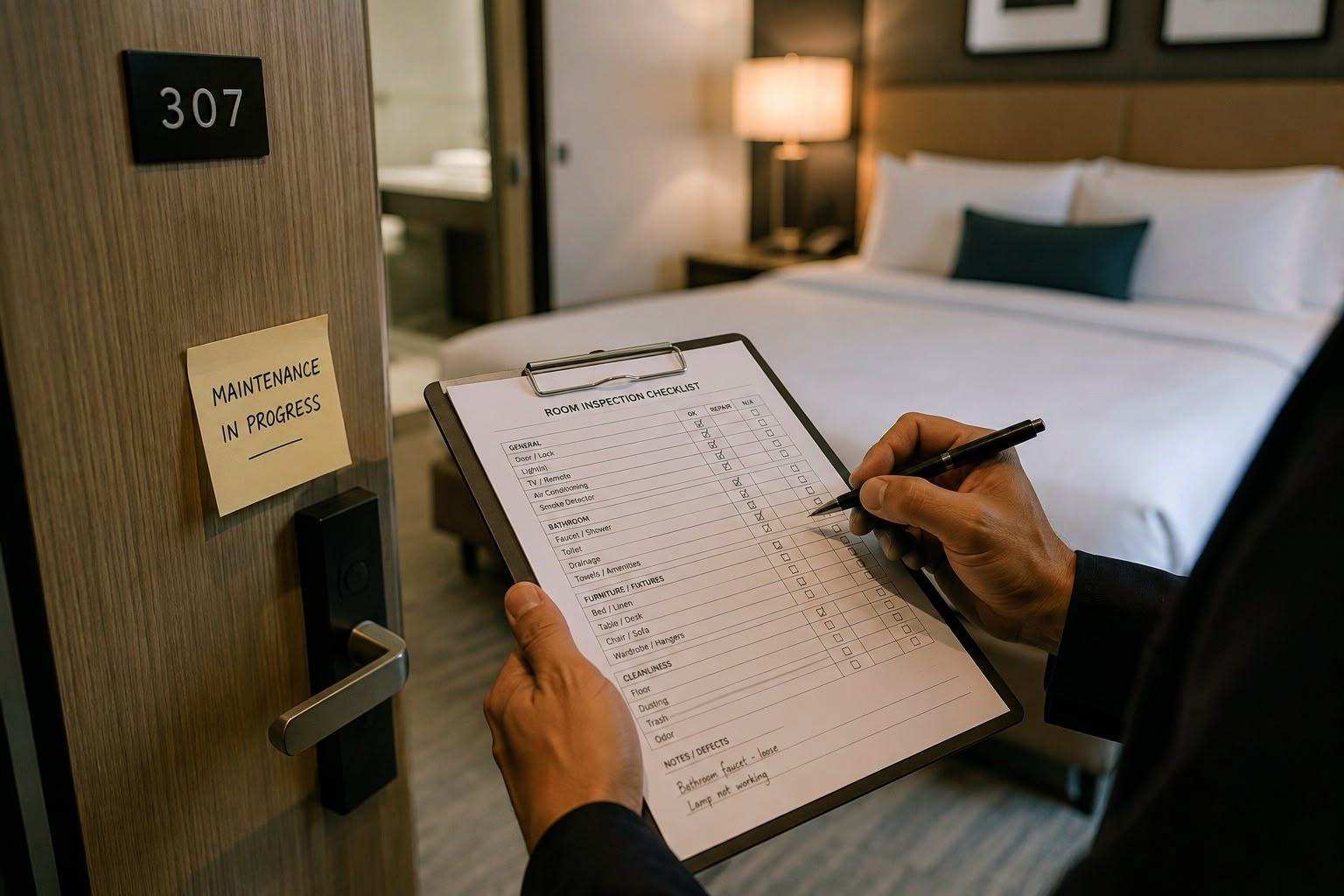 Systasis operations team completing a room inspection checklist outside a hotel guest room.