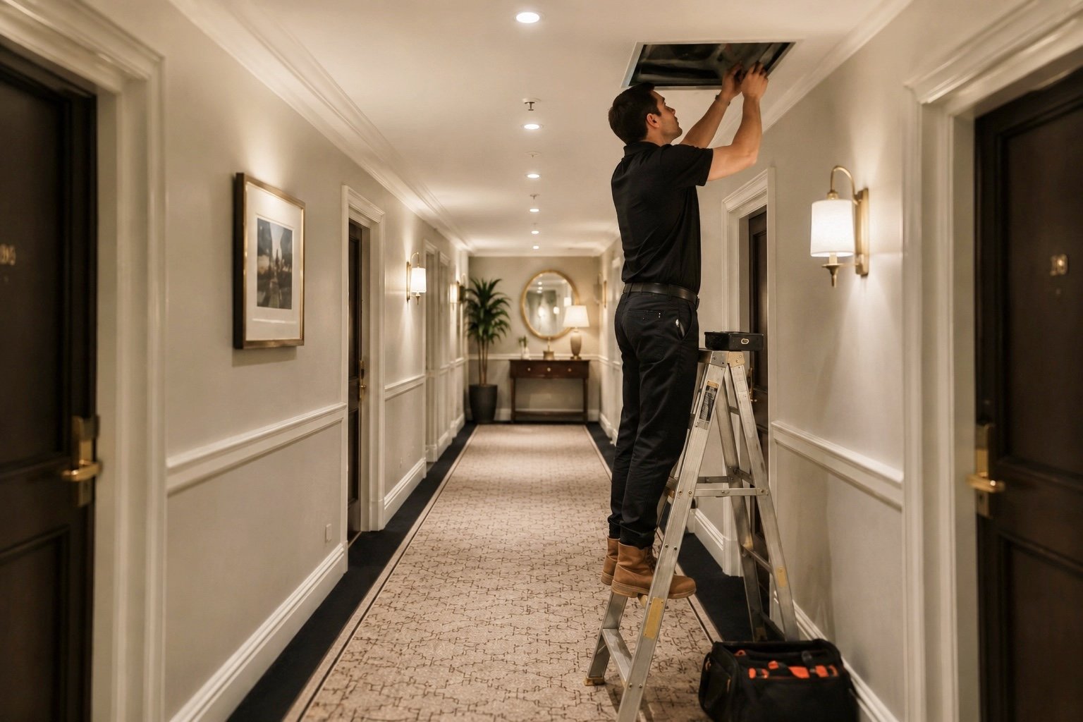 Contractor carrying out a maintenance repair in a hotel corridor.