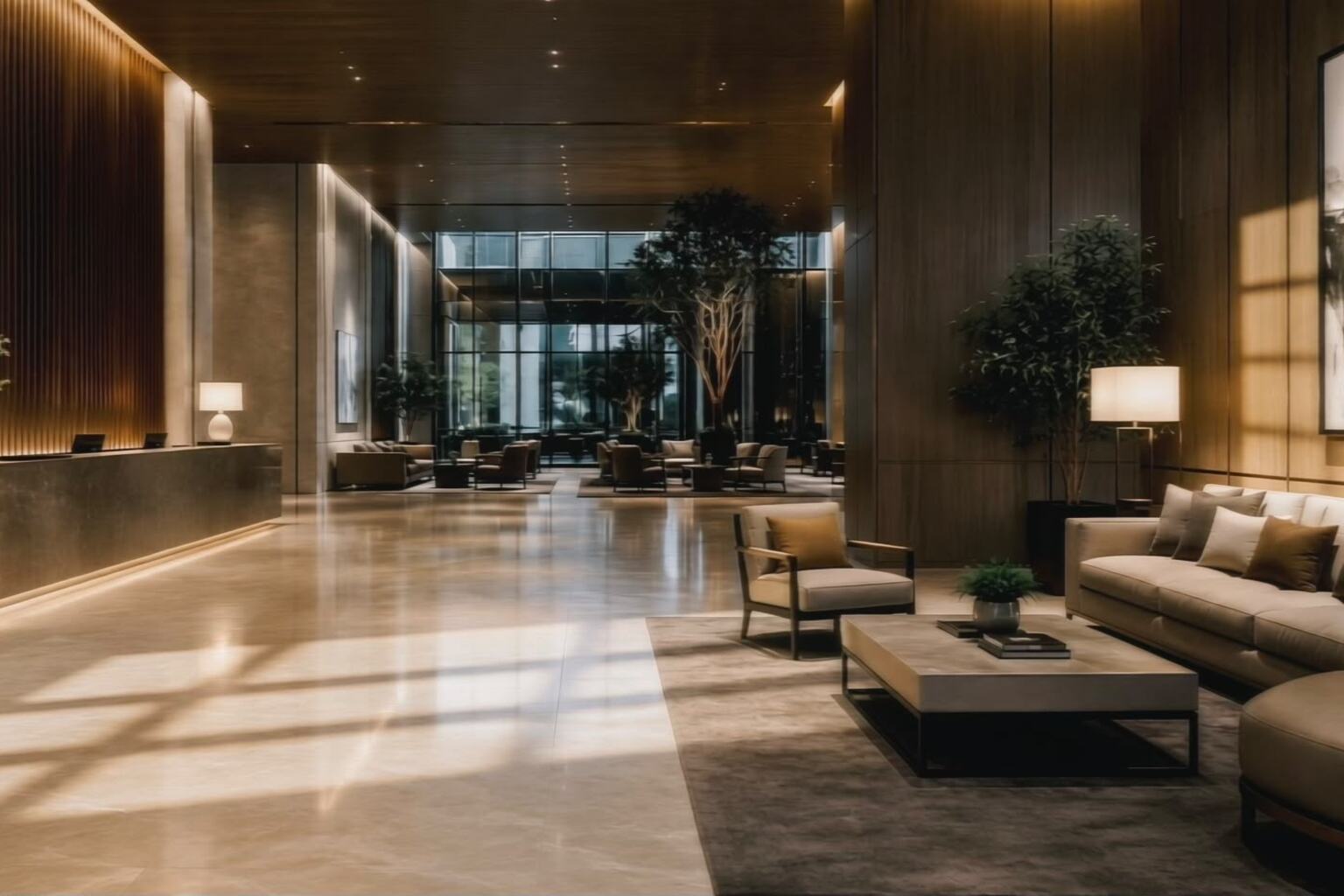 Hotel reception and lobby area managed by Systasis.