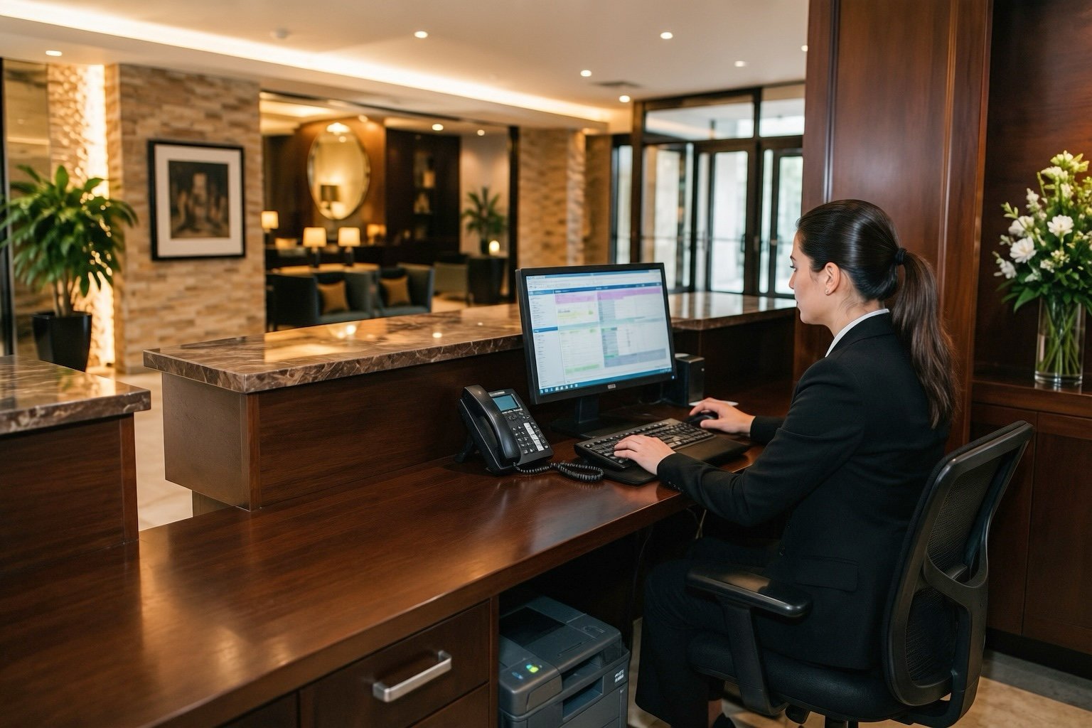 Hotel receptionist reviewing rates and bookings in the PMS