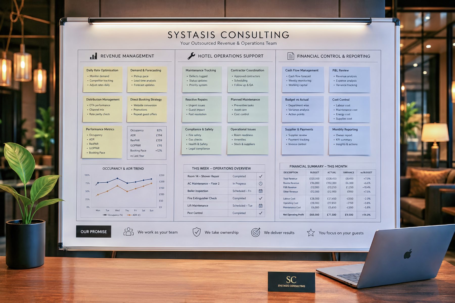 An illustrative overview board showing how Systasis tracks revenue management, hotel operations and financial control for a client hotel.